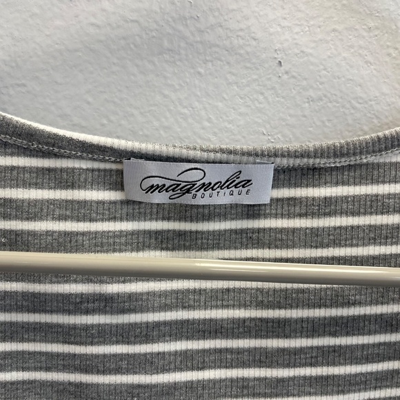 Magnolia Boutique Grey and White Stripe Short Sleeve Bodysuit - Size Large - Picture 3 of 4